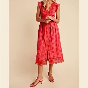 Anthropologie Ranna Gill Tomine embroidered eyelet Pink Floral Midi Dress